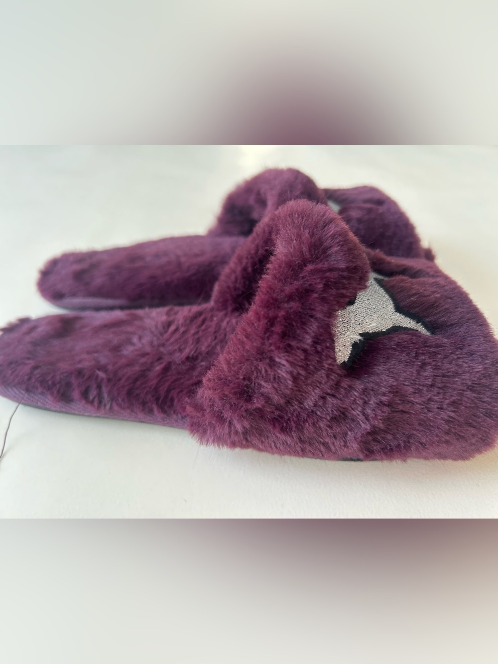 PINK Victoria's Secret Plush Slide Sandals in Deep Plum with Silver Dog Logo - Picture 6 of 8